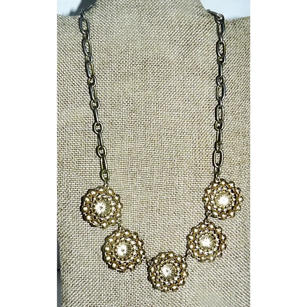J.Crew Crystal Station Statement Necklace Gold-Tone Floral Rhinestone Clusters - Picture 3 of 3